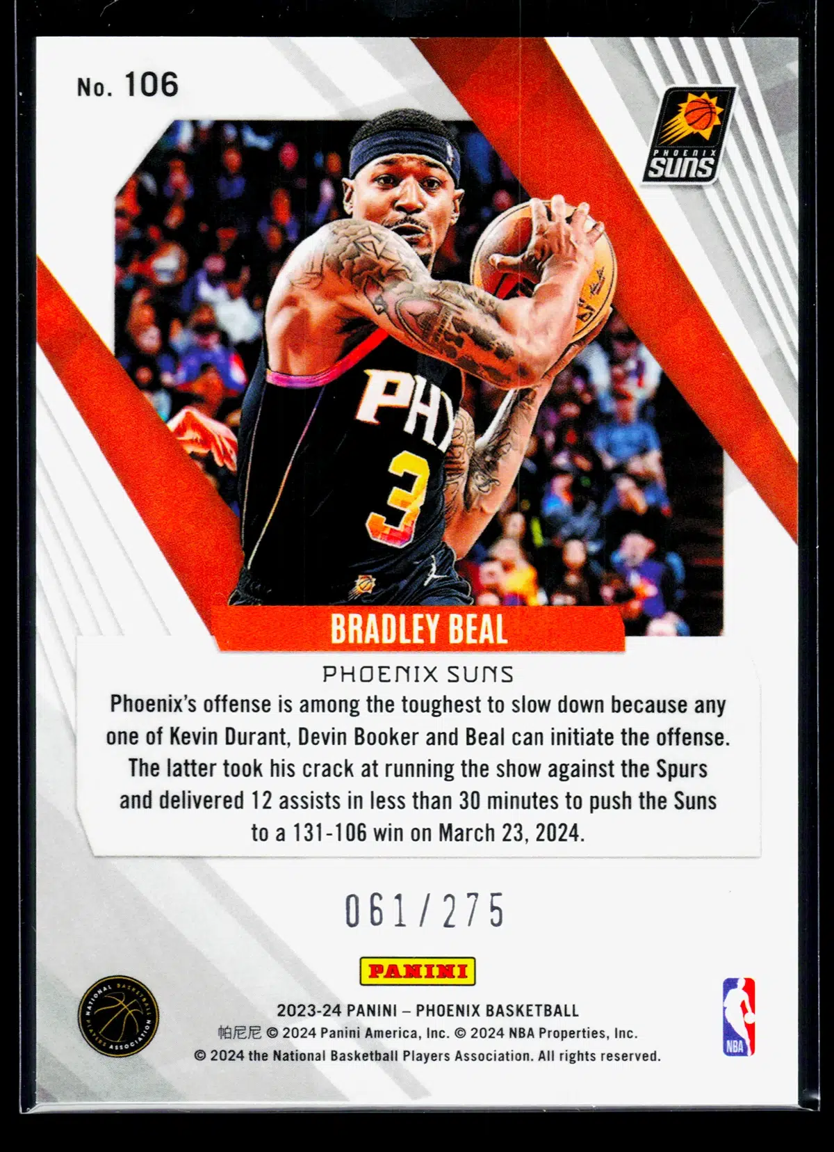 2023 24 Bradley Beal #106 Panini Phoenix Maroon Ice of 275 - back