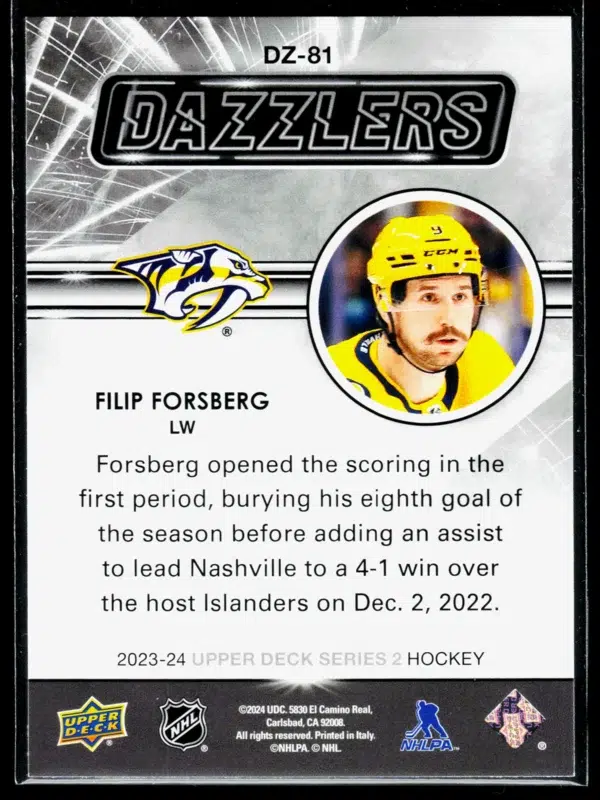 2023 24 Filip Forsberg #DZ 81 Upper Deck Series 2 Dazzlers Pink - back