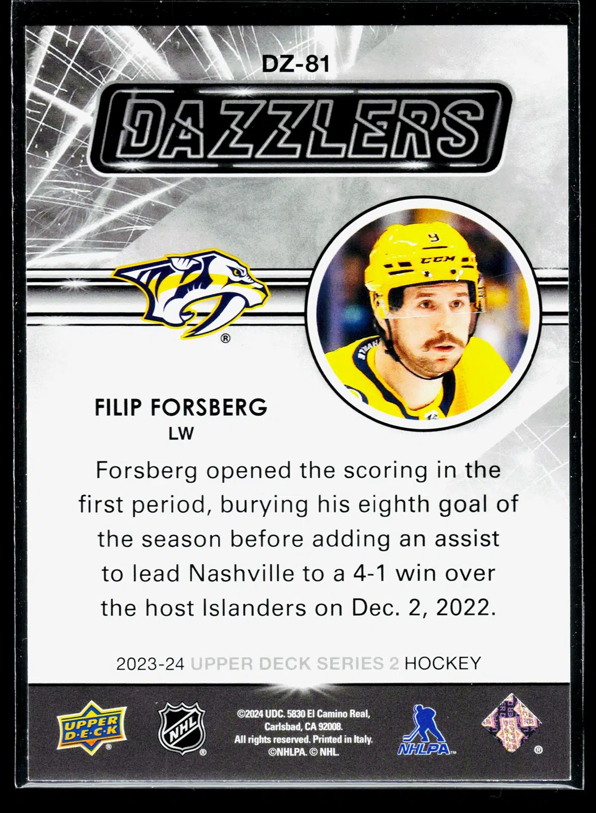 2023 24 Filip Forsberg #DZ 81 Upper Deck Series 2 Dazzlers Pink - back