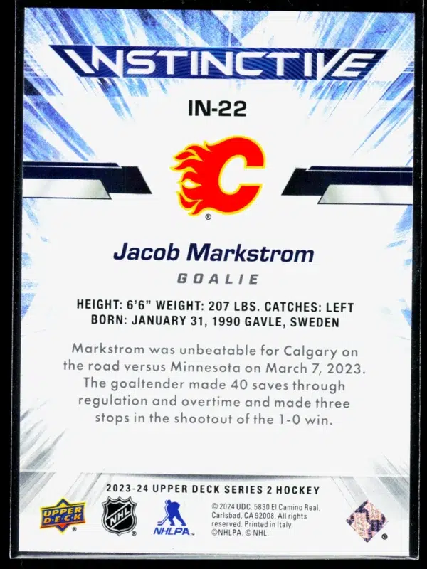 2023-24 Jacob Markstrom #IN-22 Upper Deck Series 2 Instinctive