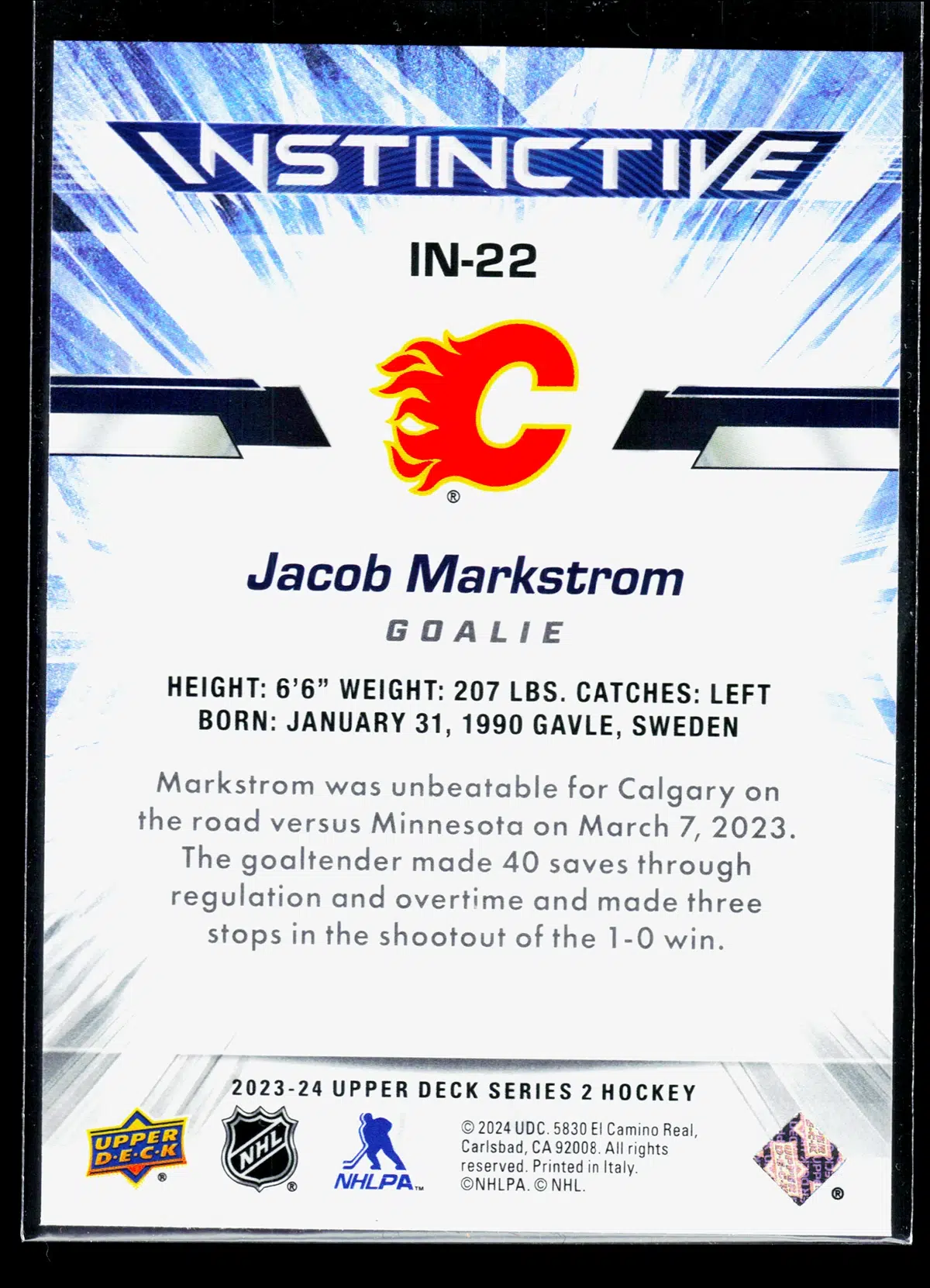 2023-24 Jacob Markstrom #IN-22 Upper Deck Series 2 Instinctive