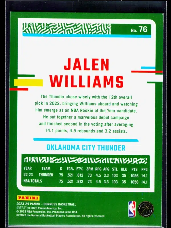 2023 24 Jalen Williams #76 Panini Donruss Holo Red and Gold Laser - back