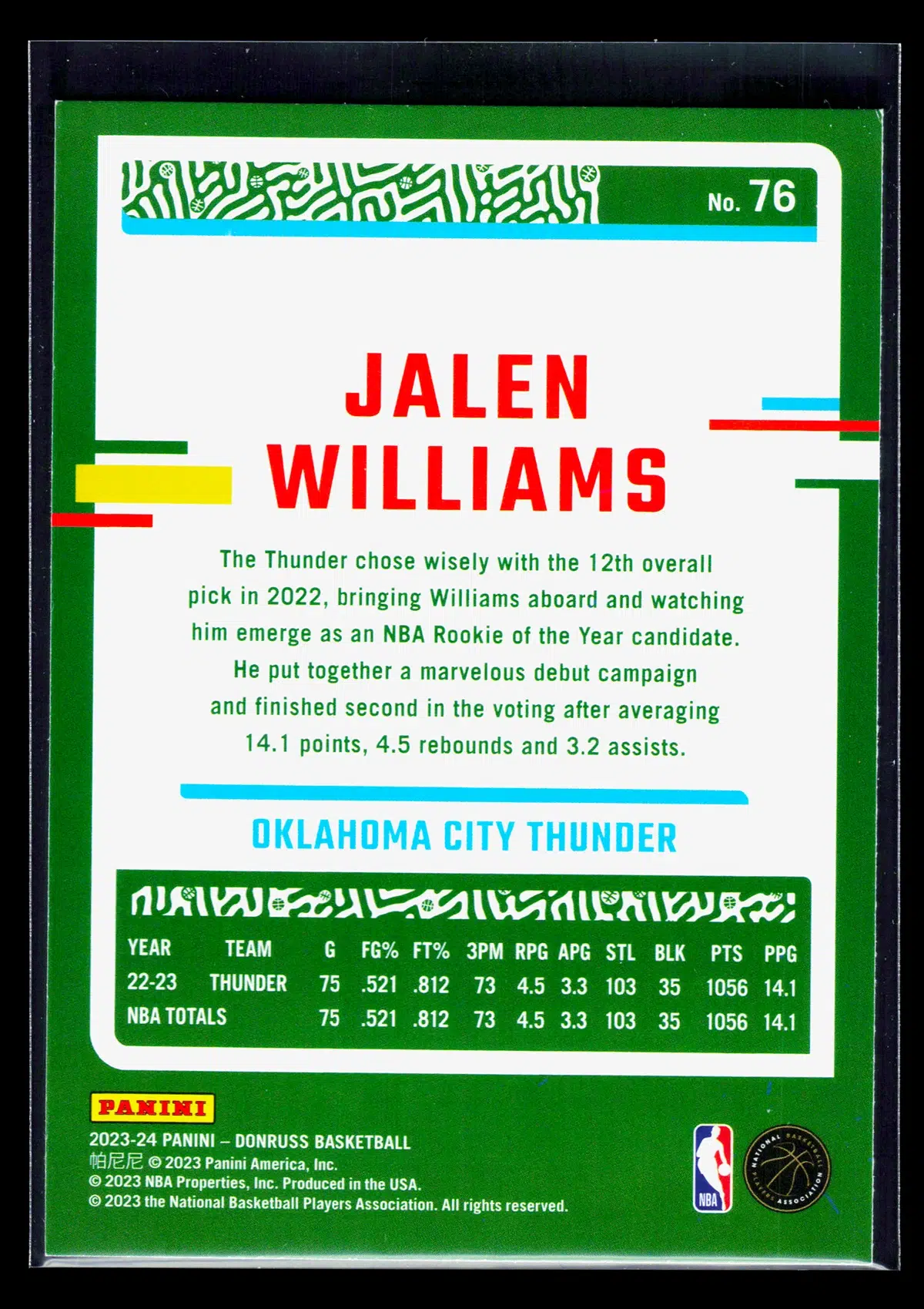 2023 24 Jalen Williams #76 Panini Donruss Holo Red and Gold Laser - back