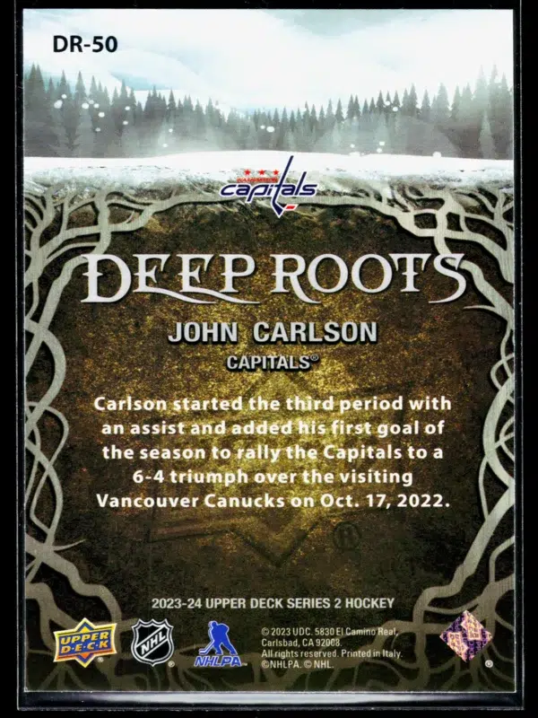 2023 24 John Carlson #DR 50 Upper Deck Series 2 Deep Roots - back