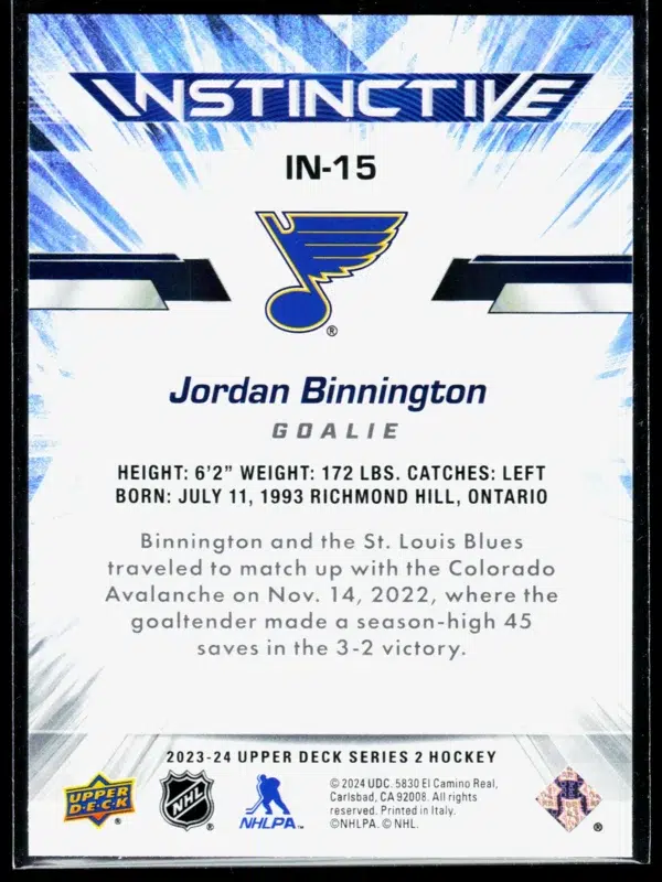 2023 24 Jordan Binnington #IN 15 Upper Deck Series 2 Instinctive - back