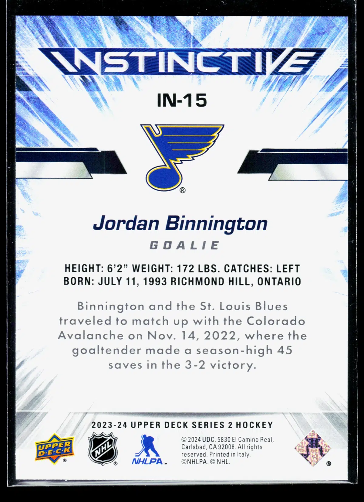 2023 24 Jordan Binnington #IN 15 Upper Deck Series 2 Instinctive - back