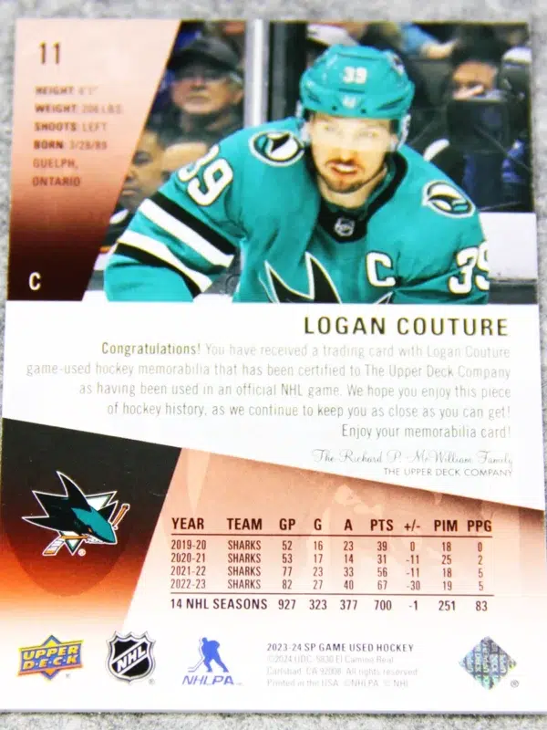 2023 24 Logan Couture #11 Upper Deck SP Game Used Red Jersey - back