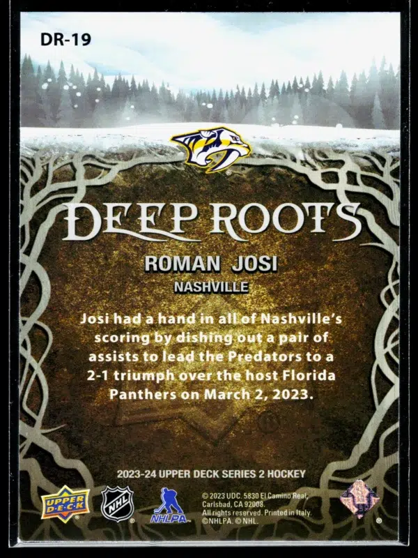 2023 24 Roman Josi #DR 19 Upper Deck Series 2 Deep Roots - back
