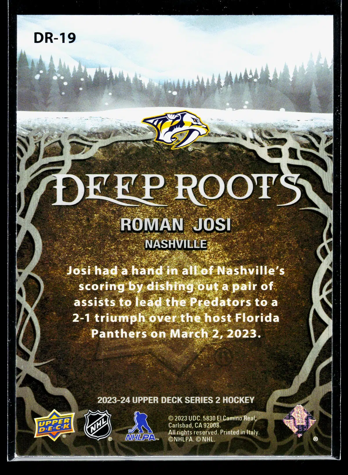 2023 24 Roman Josi #DR 19 Upper Deck Series 2 Deep Roots - back