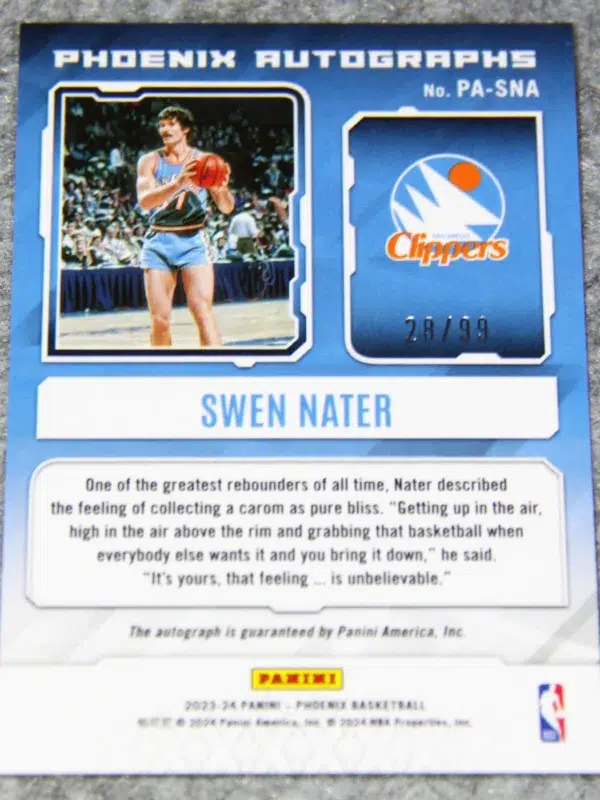 2023 24 Swen Nater #PA SNA Panini Phoenix Autographs White Lazer of 99 - back