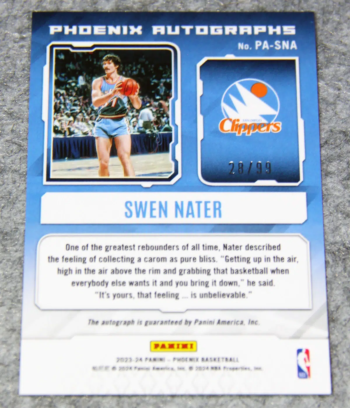 2023 24 Swen Nater #PA SNA Panini Phoenix Autographs White Lazer of 99 - back
