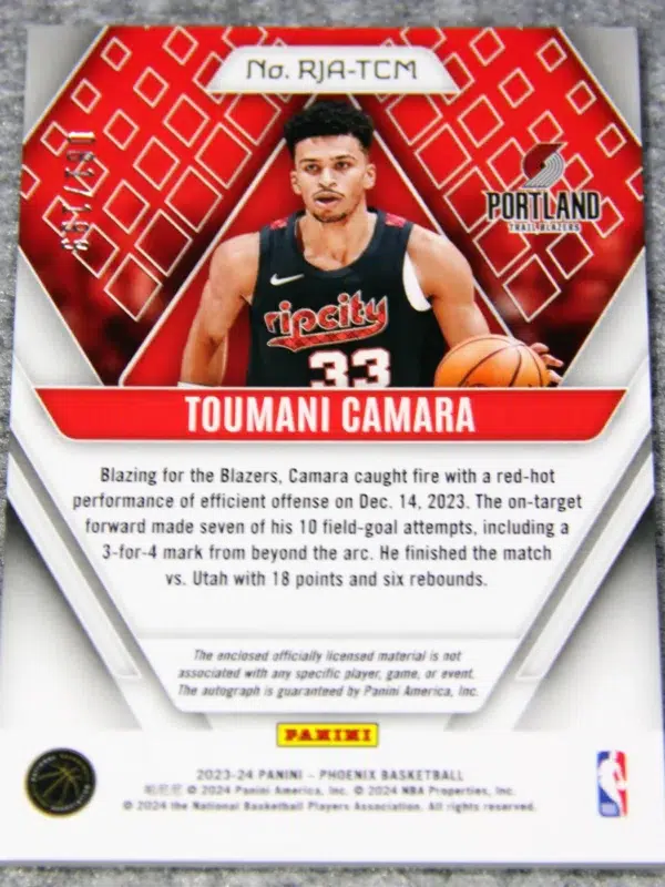 2023 24 Toumani Camara #RJA TCM Panini Phoenix Rookie Jersey Autographs of 199 - back