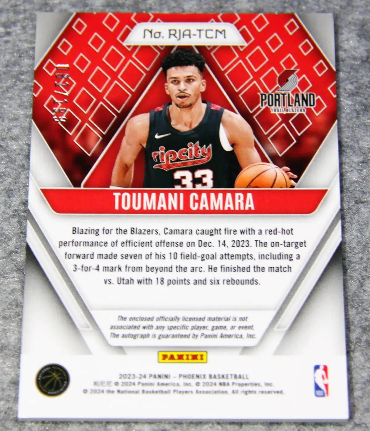 2023 24 Toumani Camara #RJA TCM Panini Phoenix Rookie Jersey Autographs of 199 - back