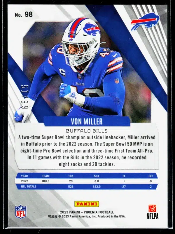2023 Von Miller #98 Panini Phoenix Purple Seismic of 99 - back