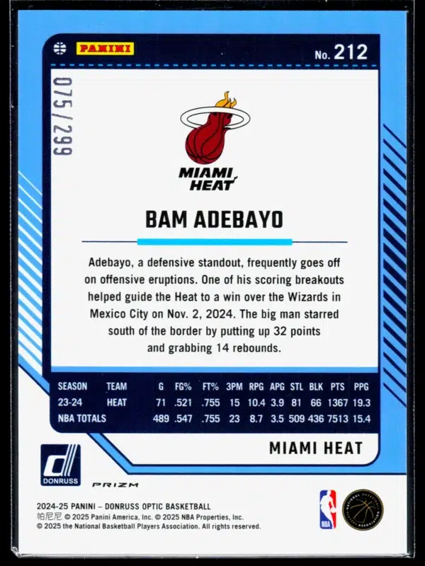2024 25 Bam Adebayo #212 Panini Donruss Optic Orange Hyper Prizm of 299 - back