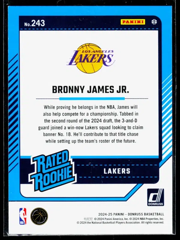 2024 25 Bronny James Jr. #243 Panini Donruss Rated Rookie - back