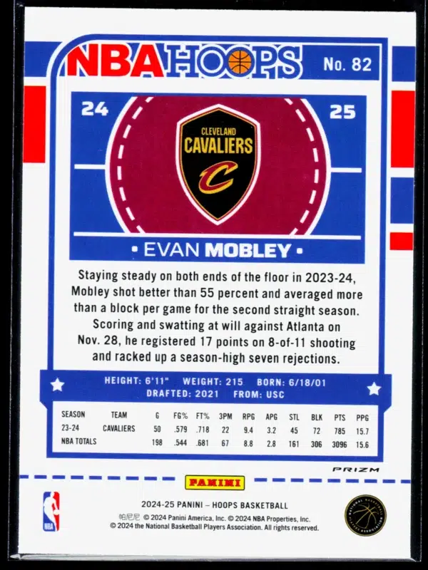 2024 25 Evan Mobley #82 Panini Hoops Winter Prizm - back