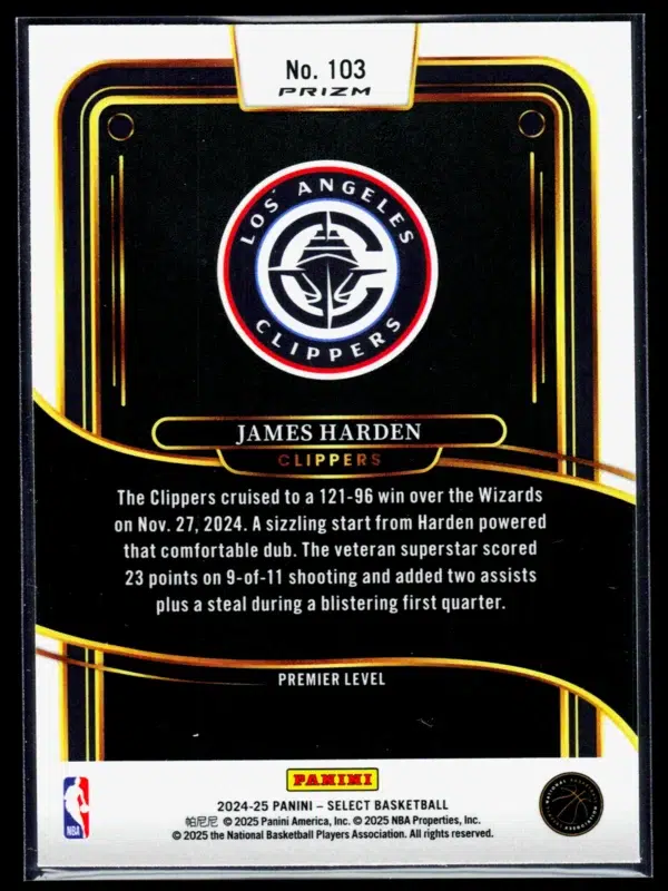 2024 25 James Harden #103 Panini Select Premier Level Silver Prizm - back