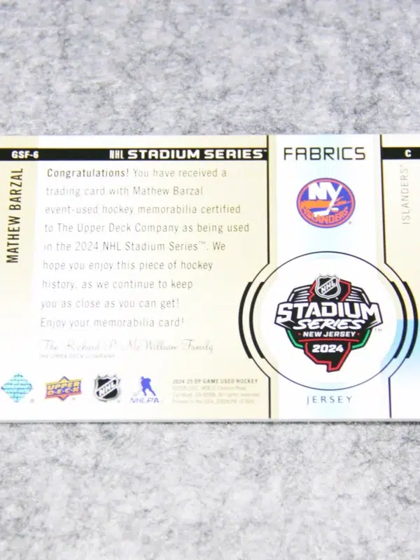 2024 25 Mathew Barzal #GSF 6 Upper Deck SP Game Used Stadium Series Fabrics - back
