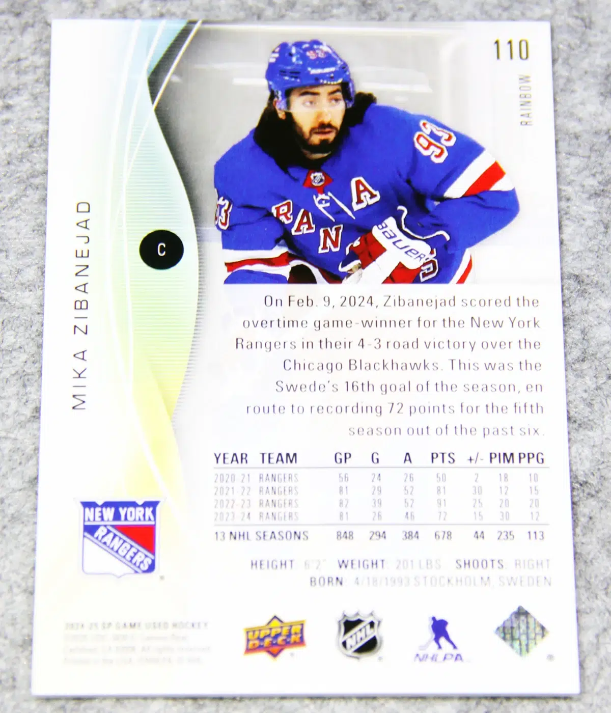 2024 25 Mika Zibanejad #110 Upper Deck SP Game Used Rainbow of 93 - back