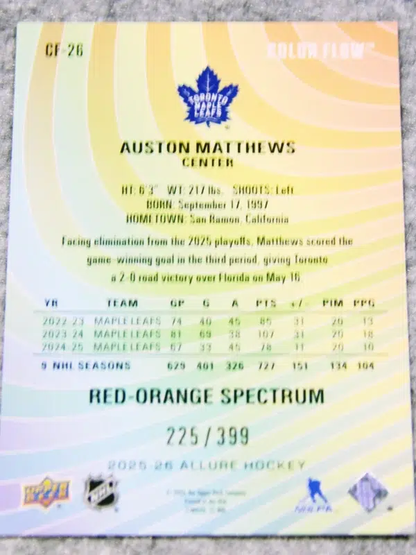 2025 26 Auston Matthews #CF 26 Upper Deck Allure Color Flow Red Orange Spectrum of 399 - back