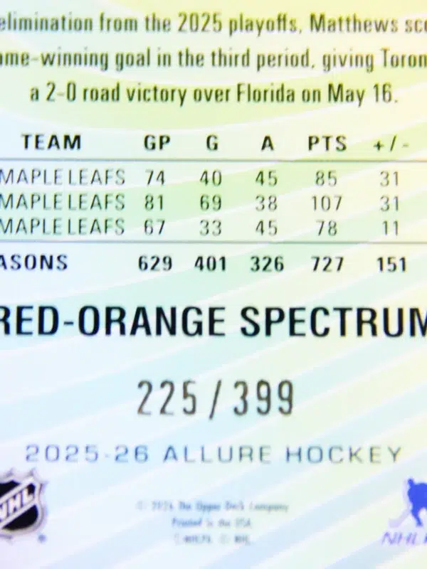 2025 26 Auston Matthews #CF 26 Upper Deck Allure Color Flow Red Orange Spectrum of 399 - detail