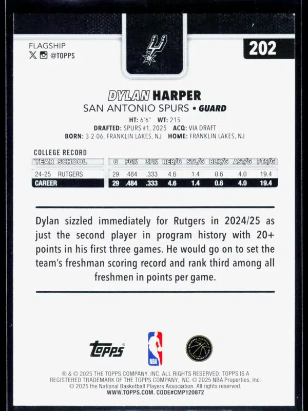 2025 26 Dylan Harper #202 Topps Basketball - back
