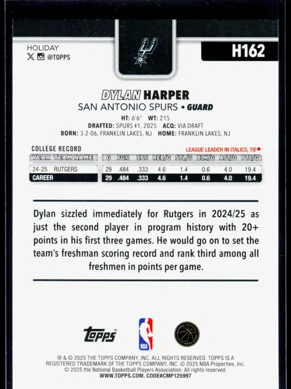 2025 26 Dylan Harper #H162 Topps Holiday - back