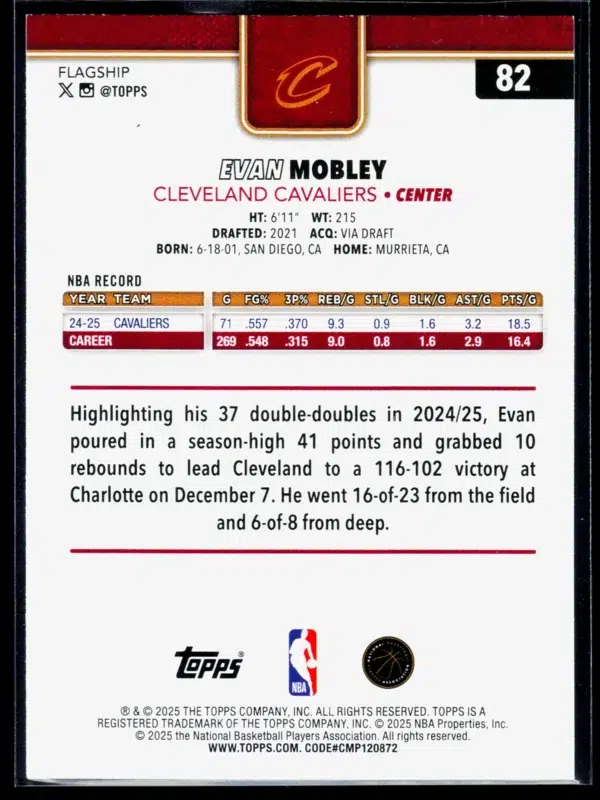 2025 26 Evan Mobley #82 Topps Basketball Green of 99 - back
