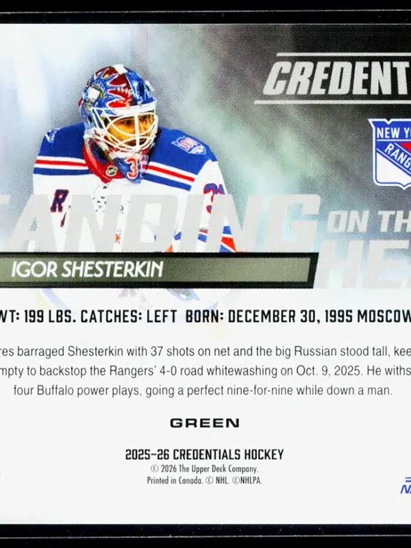2025-26 Igor Shesterkin #SH-3 Upper Deck Credentials Standing On Their Head Green /99