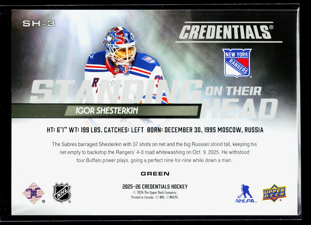 2025-26 Igor Shesterkin #SH-3 Upper Deck Credentials Standing On Their Head Green /99