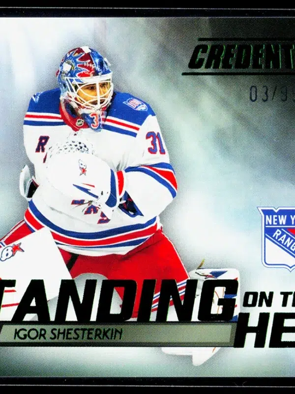 2025 26 Igor Shesterkin #SH 3 Upper Deck Credentials Standing On Their Head Green of 99 - front