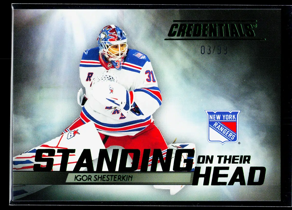 2025 26 Igor Shesterkin #SH 3 Upper Deck Credentials Standing On Their Head Green of 99 - front