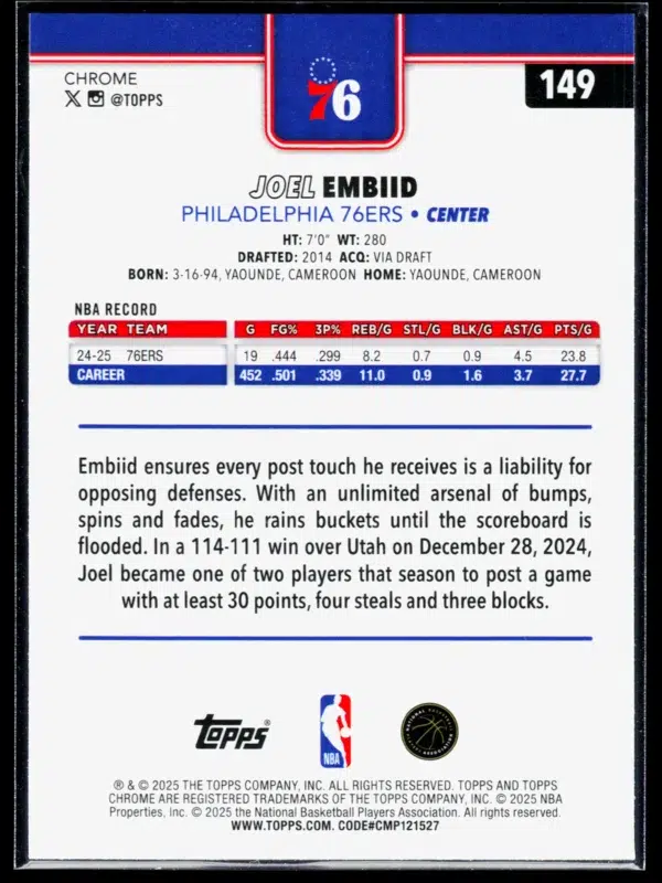 2025 26 Joel Embiid #149 Topps Chrome Aqua Refractor of 199 - back