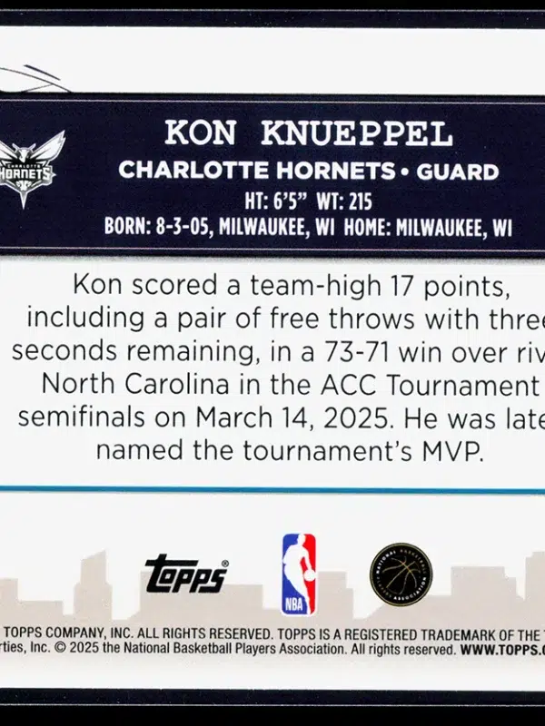 2025 26 Kon Knueppel #CC 4 Topps Clutch City Prospects - back