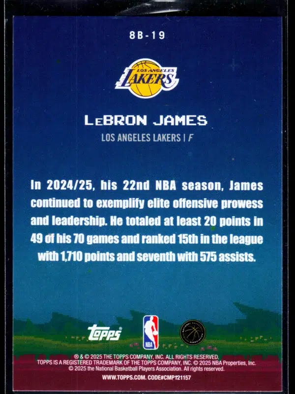 2025 26 LeBron James #8B 19 Topps Basketball 8 Bit Ballers - back