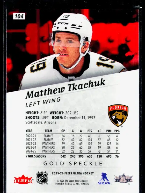 2025 26 Matthew Tkachuk #104 Upper Deck Fleer Ultra Gold Speckle - back