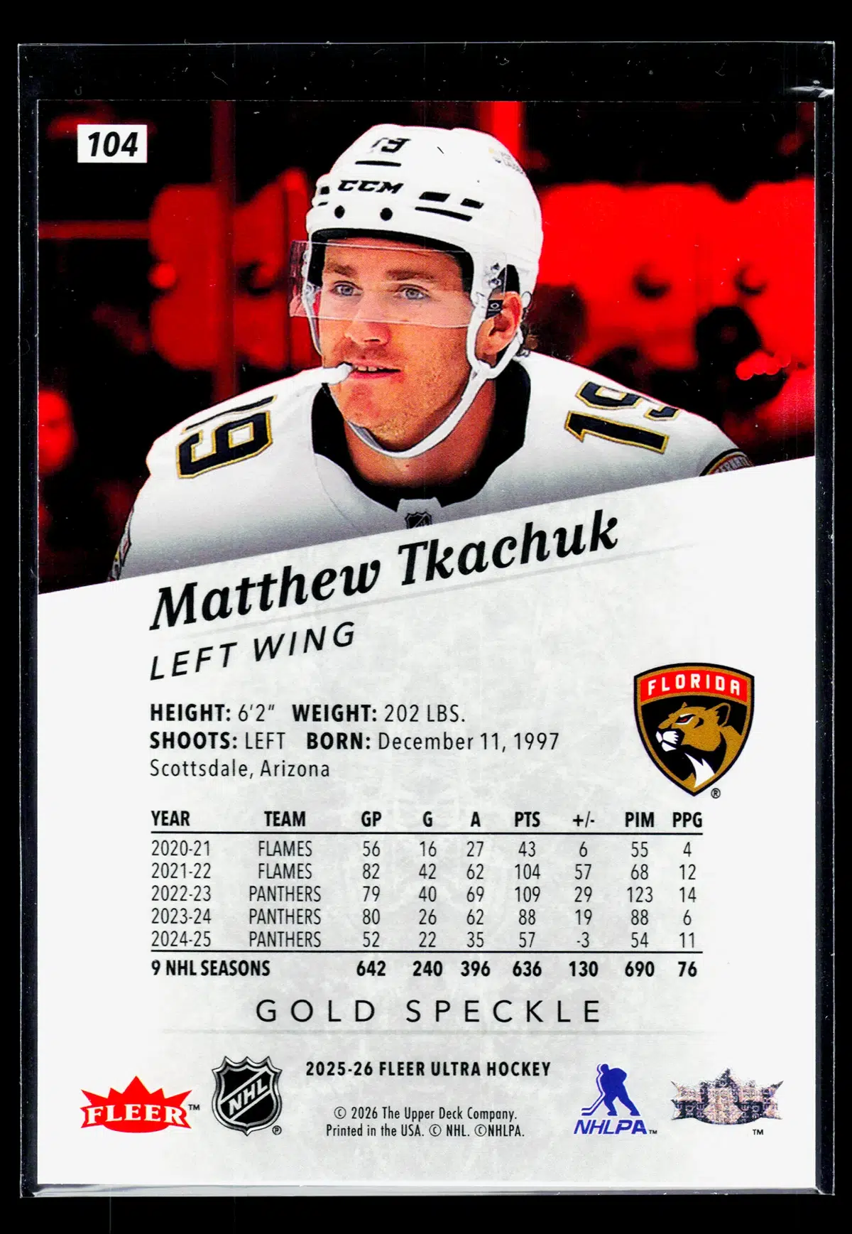 2025 26 Matthew Tkachuk #104 Upper Deck Fleer Ultra Gold Speckle - back