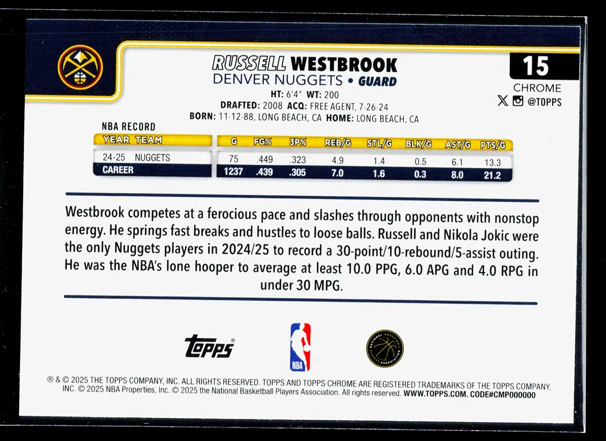 2025 26 Russell Westbrook #15 Topps Chrome Wave Refractor - back