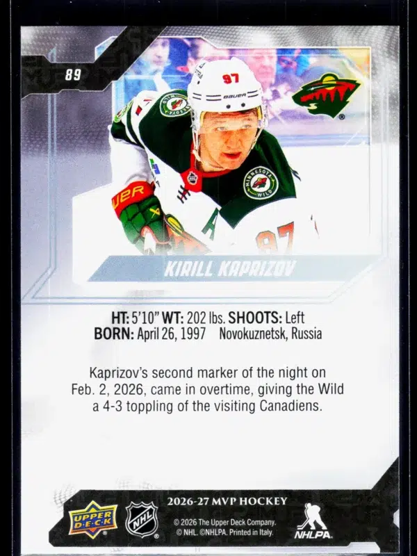 2026 27 Kirill Kaprizov #89 Upper Deck MVP - back