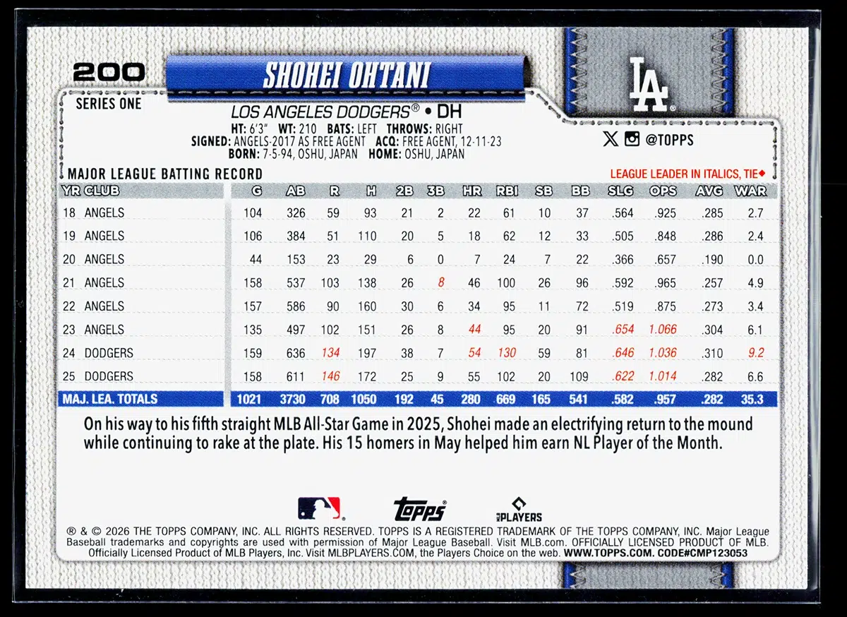 2026 Shohei Ohtani #200 Topps Series One - back